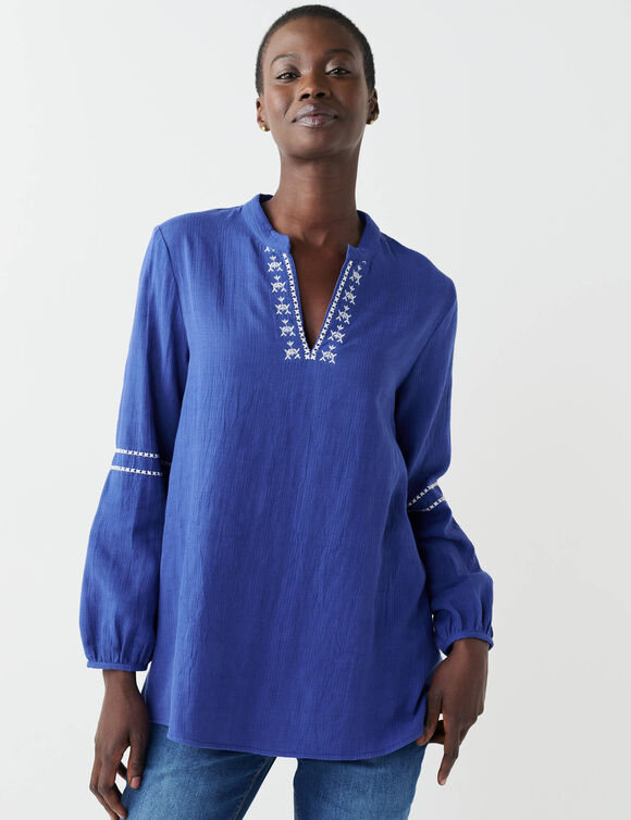 Geborduurde tuniek, Tunesische hals (felblauw / ecru)