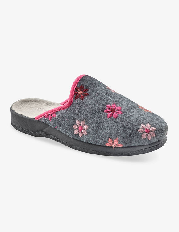 Chaussons mules - brodés fleurs (gris chiné)