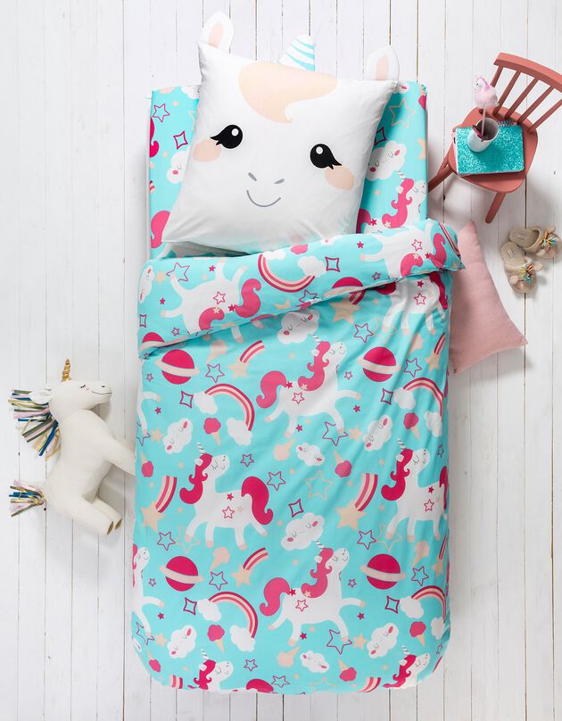 Linge de lit enfant à motif Licorne en coton biologique, éco-responsable (bleu)