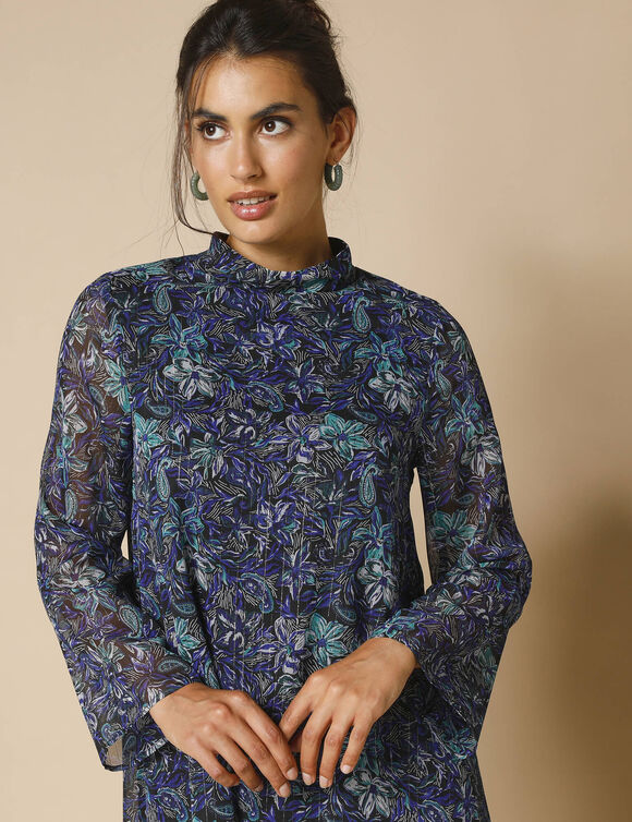 Robe courte évasée imprimée, voile fils brillants (bleu nuit)