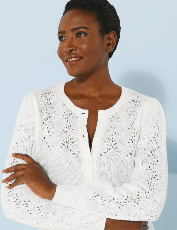 Cardigan col rond, maille ajourée (blanc)