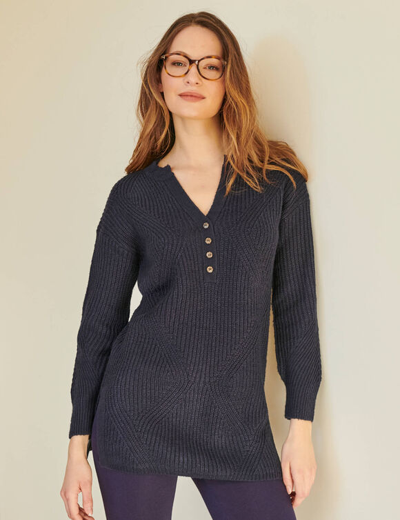 Pull tunique col tunisien, maille anglaise toucher doux (marine)