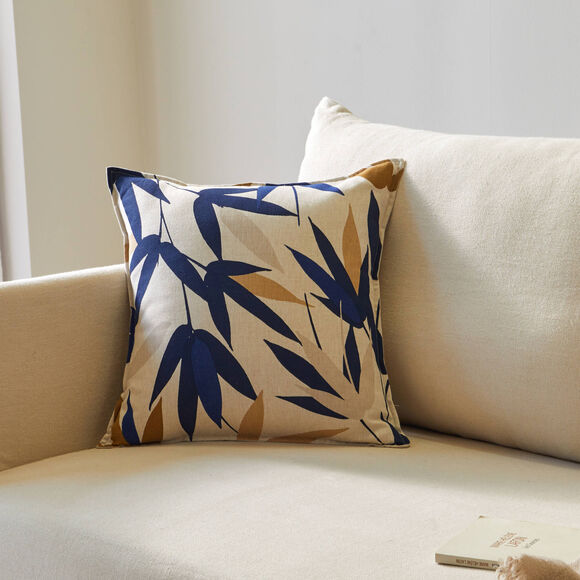 Coussin imprim&eacute; feuilles (beige / marine)