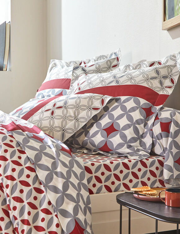 Linge de lit Marlow imprim&eacute; g&eacute;om&eacute;trique - coton 57 fils/cm&sup2; (gris / rouge)