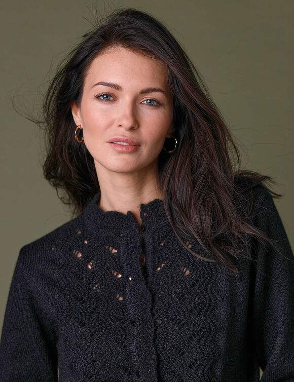 Gilet boutonné col montant, maille fantaisie  (noir)