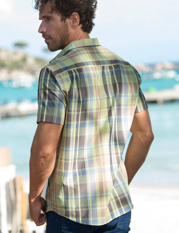  Chemise grands carreaux manches courtes polycoton (bleu / vert)
