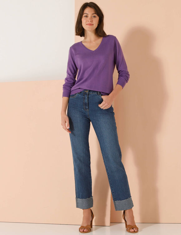 Pull col V, toucher doux (parme)