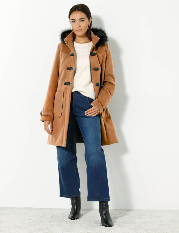 Duffle-coat capuche fausse fourrure uni (caramel)
