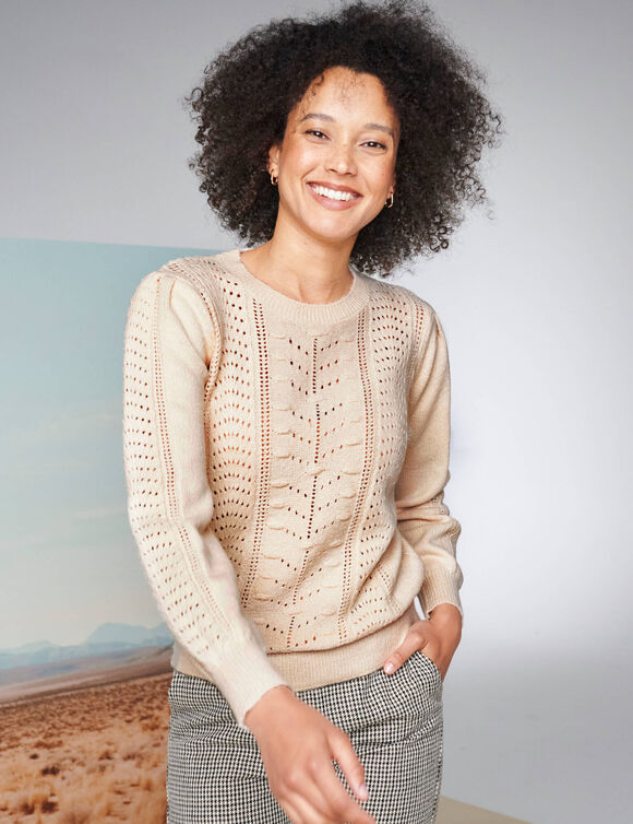 Trui met ronde hals, streelzachte fantasietouch (ecru)