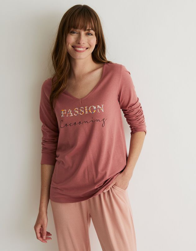 Tee-shirt pyjama manches longues imprimé "passion cocooning" (bois de rose)