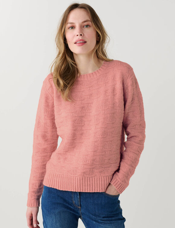 Pull col rond, maille fantaisie en laine m&eacute;lang&eacute;e (rose)