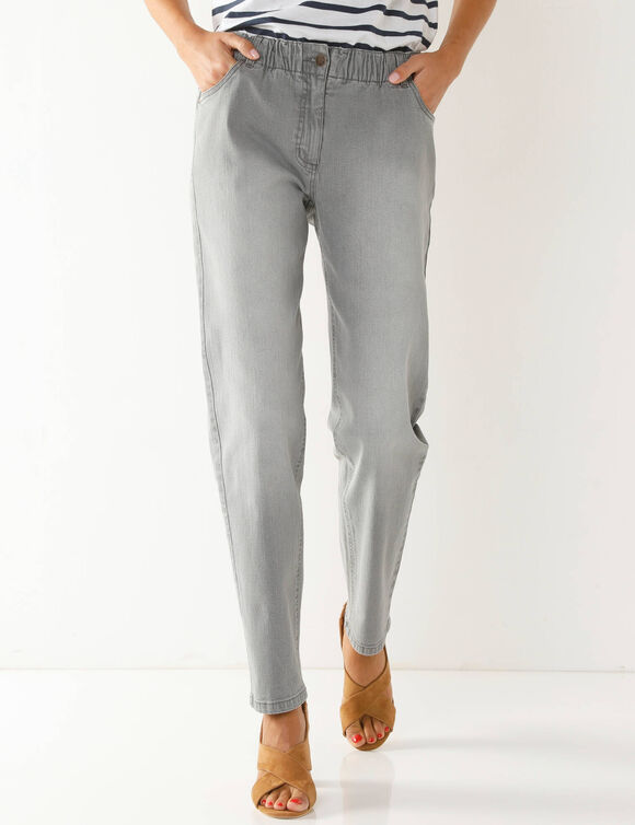 Jean stretch coupe mom confort, taille élastiquée (gris)