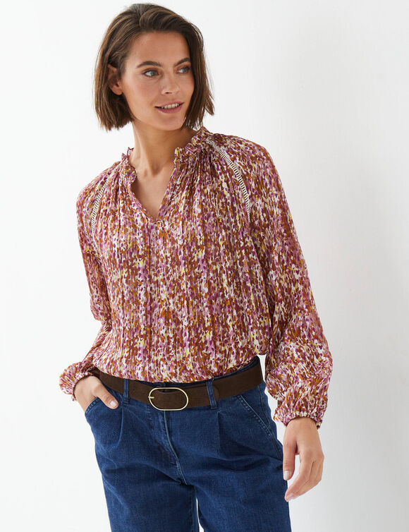 Blouse en voile imprim&eacute; tachiste (violet gris&eacute;)
