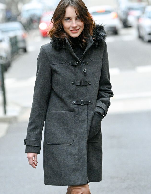 Effen duffelcoat met kap (chiné antraciet)