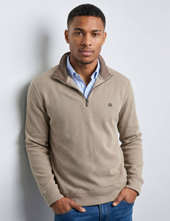 Sweat chaud col montant zipp&eacute; maille c&ocirc;tel&eacute;e (beige)