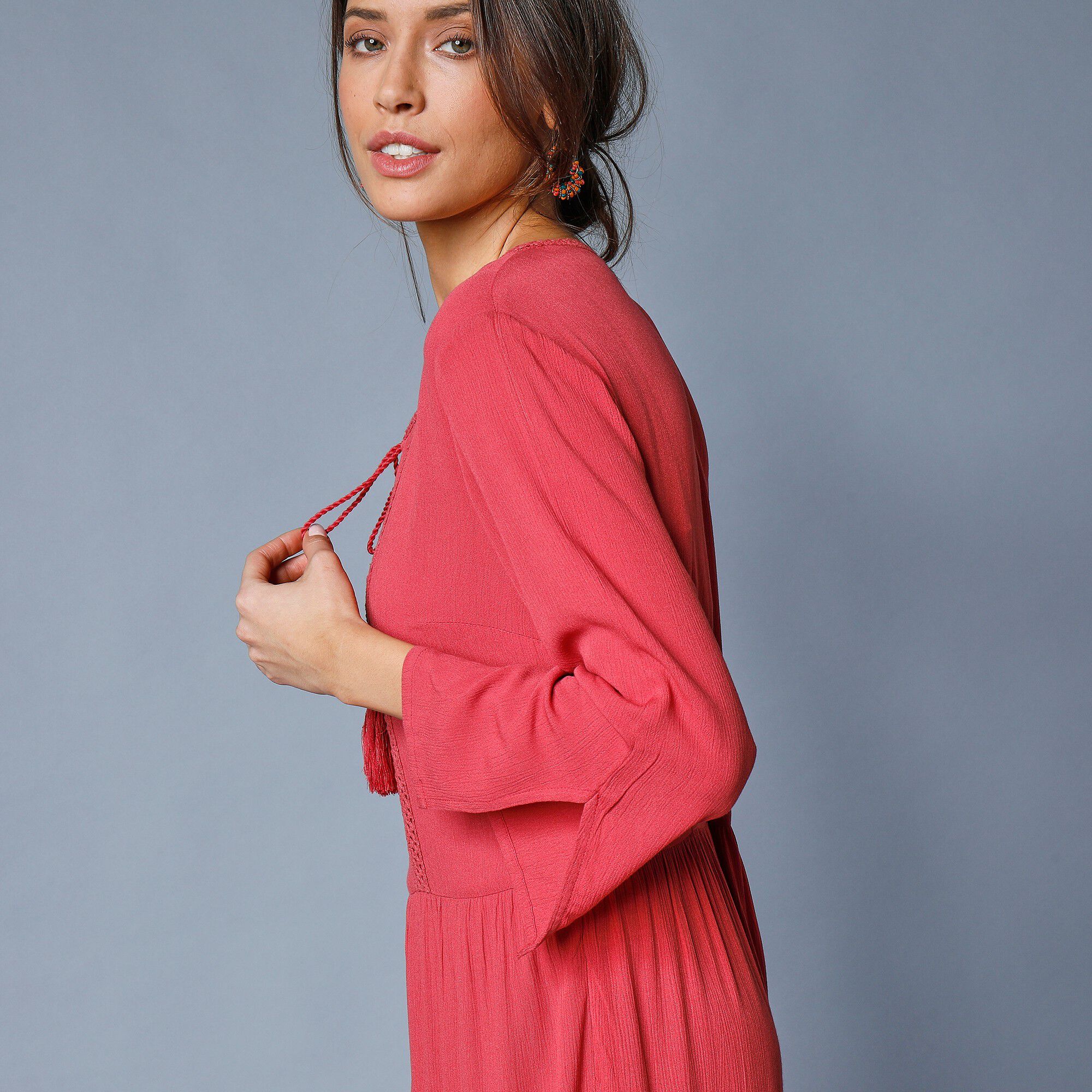 Robe longue unie manches 3 4 fendues cr pon bois de rose