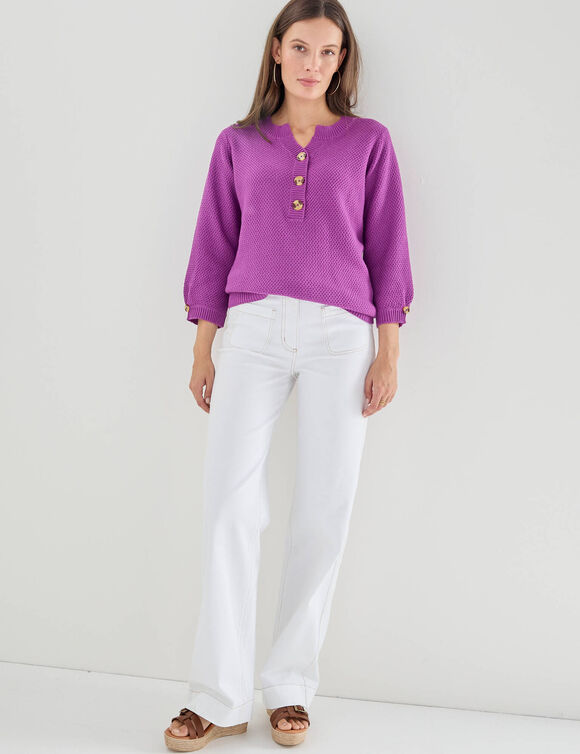 Pull col tunisien manches 3/4, maille fantaisie (violet)