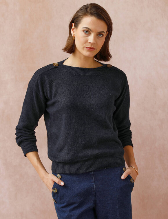 Pull col bateau uni, épaules boutonnées (marine)