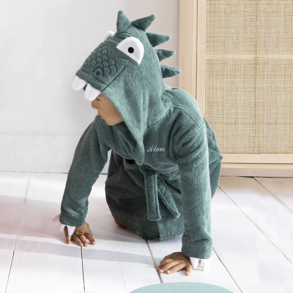 Kinderbadjas met dinosaurusmotief en kap, personaliseerbaar - 340 g/m² (eucalyptus)