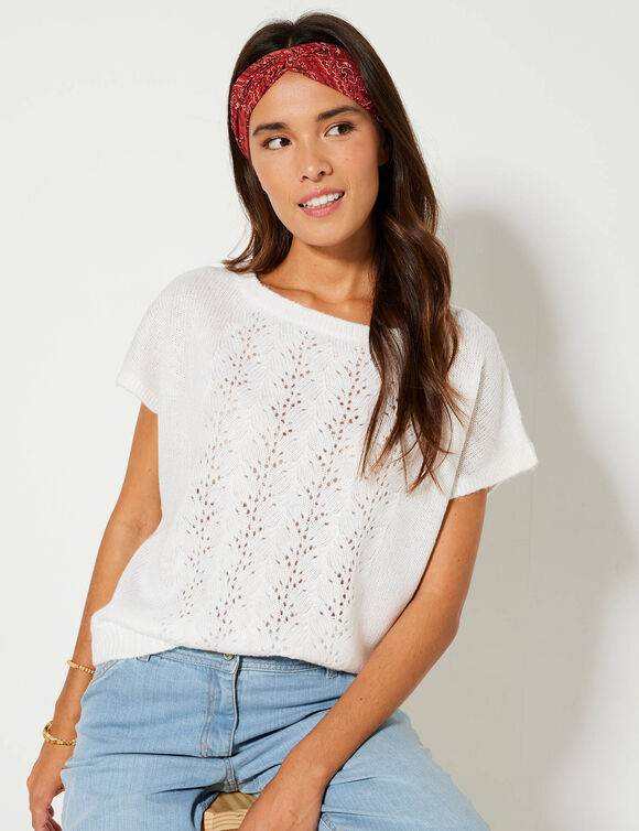 Pull manches courtes, maille ajourée (blanc)