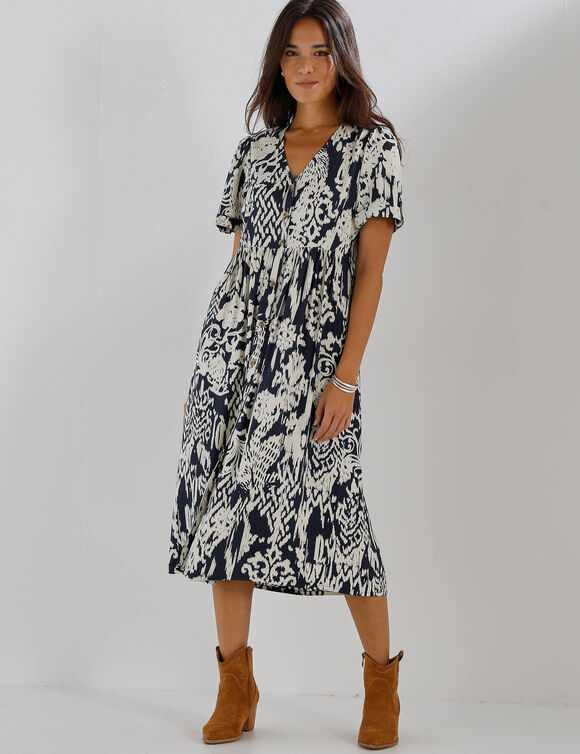 Robe boutonn&eacute;e imprim&eacute;e, manches courtes  (indigo / ecru)