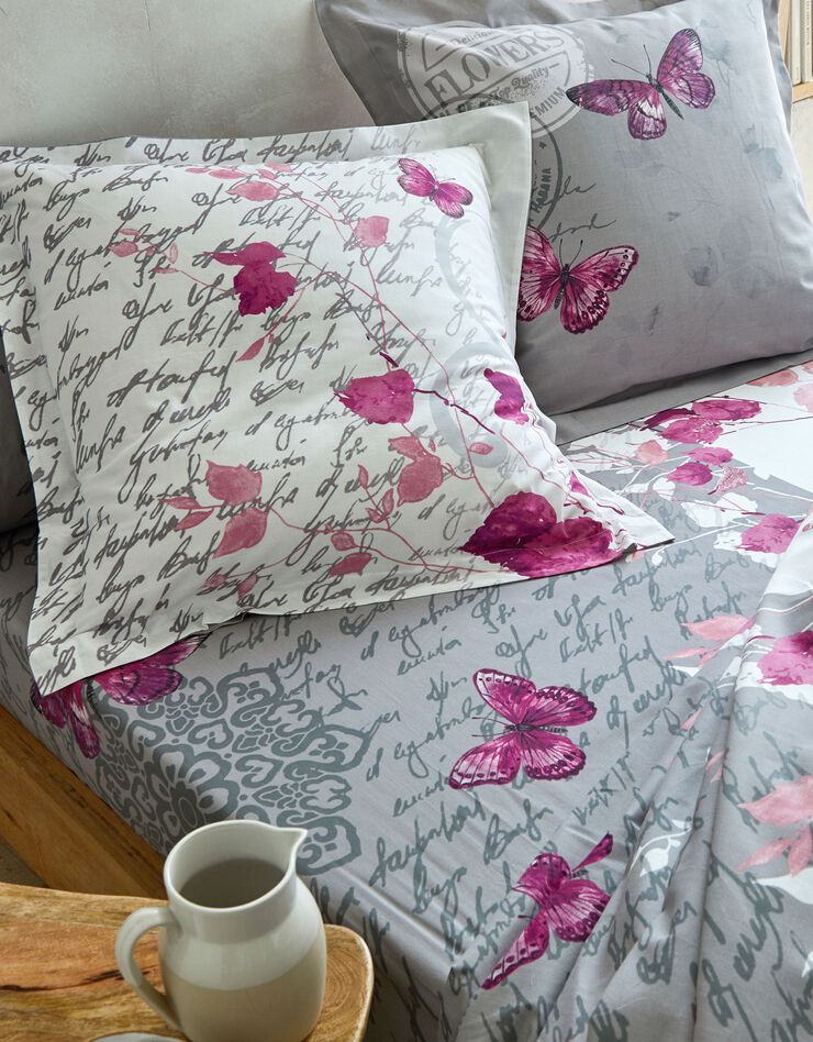 Linge de lit Célestine en coton imprimé fleurs et papillons (gris / parme)