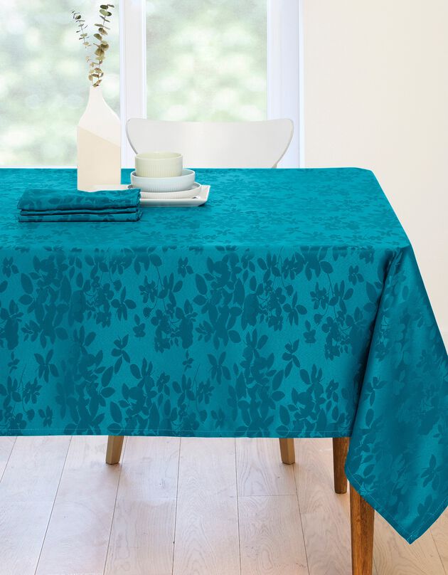 Damast tafellaken met bladerenprint Colombine® (eendenblauw)