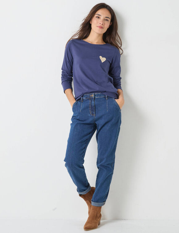 T-shirt marinière manches longues, brodé "cœur" uni ou imprimé léopard (marine)