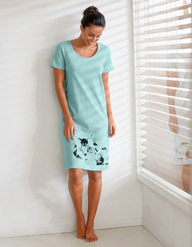 Kort nachthemd met poesprint - set van 2 (celadon / blauw)