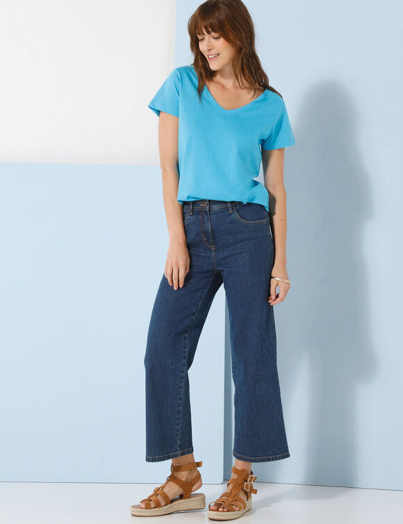 T-shirt col V uni manches courtes, coton (bleu turquoise)