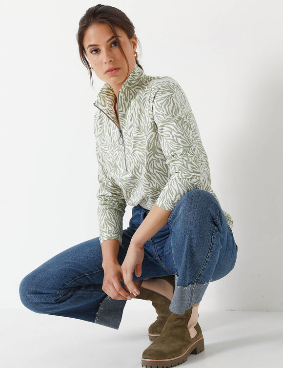 T-shirt col montant zippé imprimé zébré (vert amande)