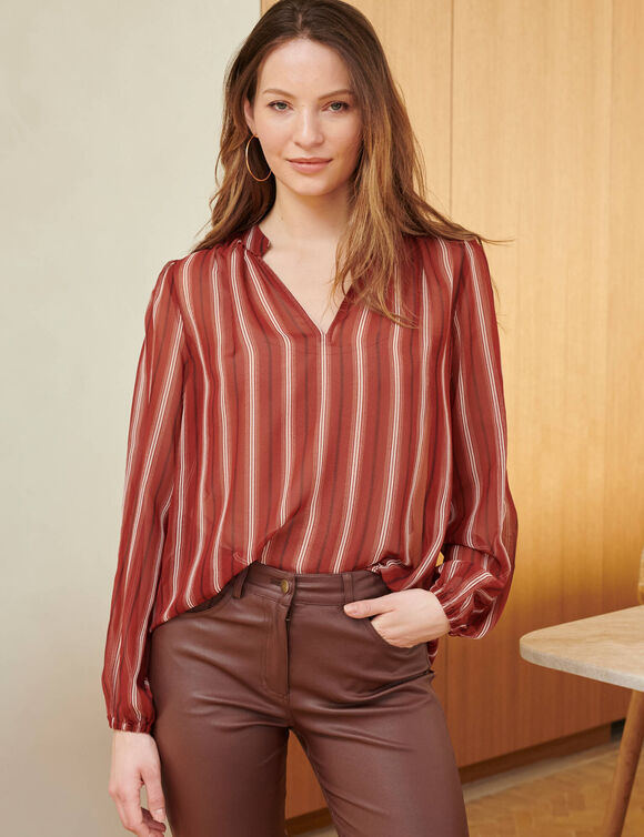 Blouse col montant, imprim&eacute; ray&eacute; (bordeaux / beige)