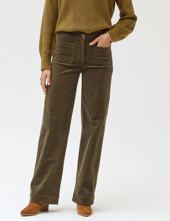 Pantalon velours coupe large taille haute, petite stature (kaki)