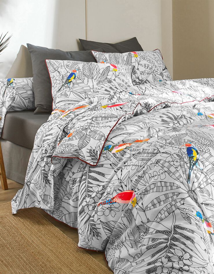 Linge de lit Diana en coton à motifs feuillage et oiseaux, blanc, hi-res image number 0