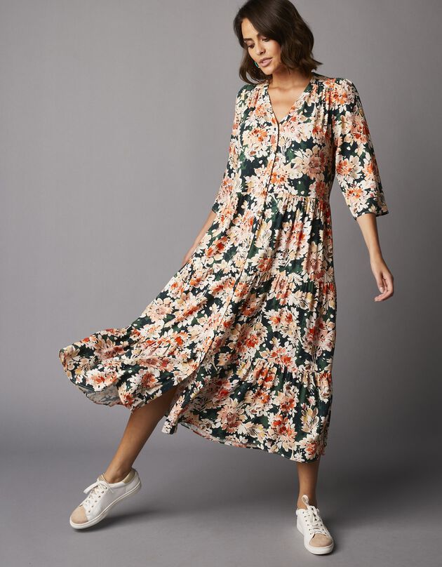 Robe longue en viscose fluide imprimée, entièrement boutonnée (vert / orange)