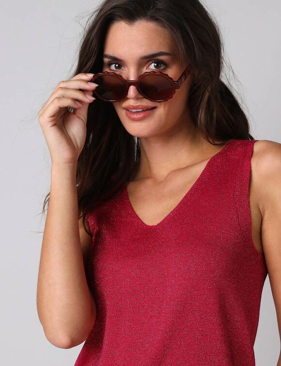 D&eacute;bardeur col V fine maille et fil brillant (framboos)