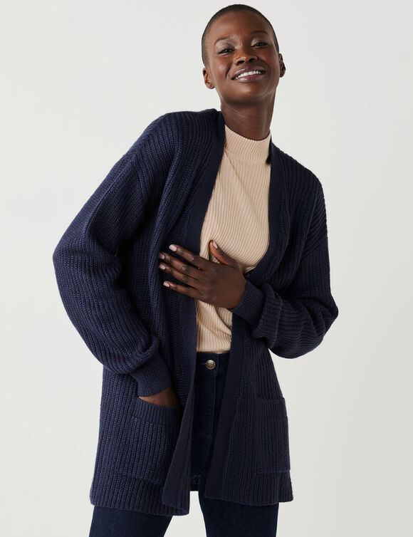 Gilet long ouvert, maille anglaise (marine)