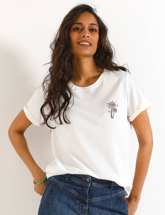T-shirt met korte mouwen en palmbomenmotiefje (ecru / chocolade)