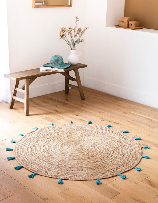 Tapis rond en jute avec pompons de couleur (turquoise)