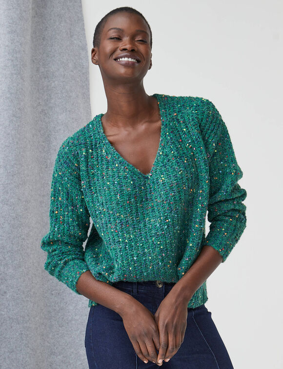 Pull col V volume loose, maille anglaise moulin&eacute;e (vert / multicolore)