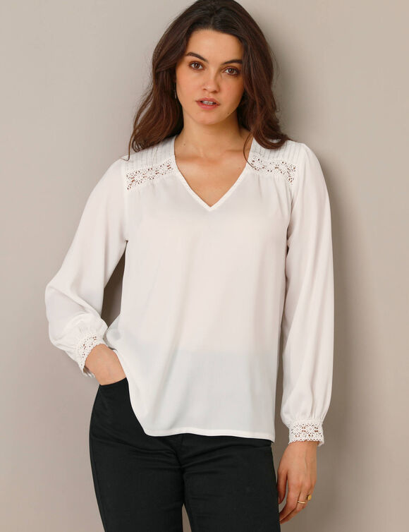 Blouse détails dentelle, crêpe (blanc)