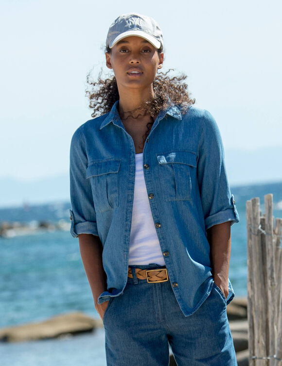 Chemisier jean l&eacute;ger, manches retroussables (bleached)