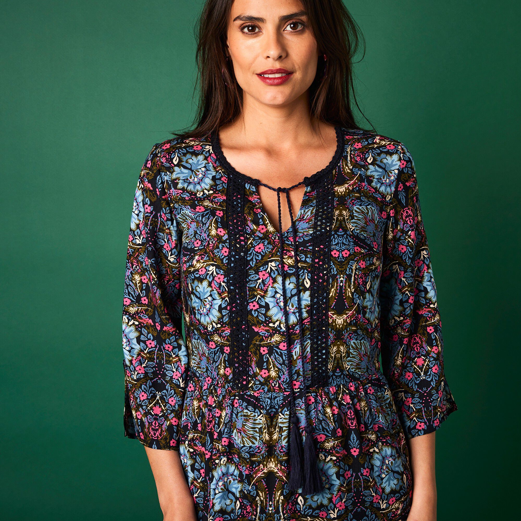 Robe longue imprim e manches longues marine bleu Blancheporte