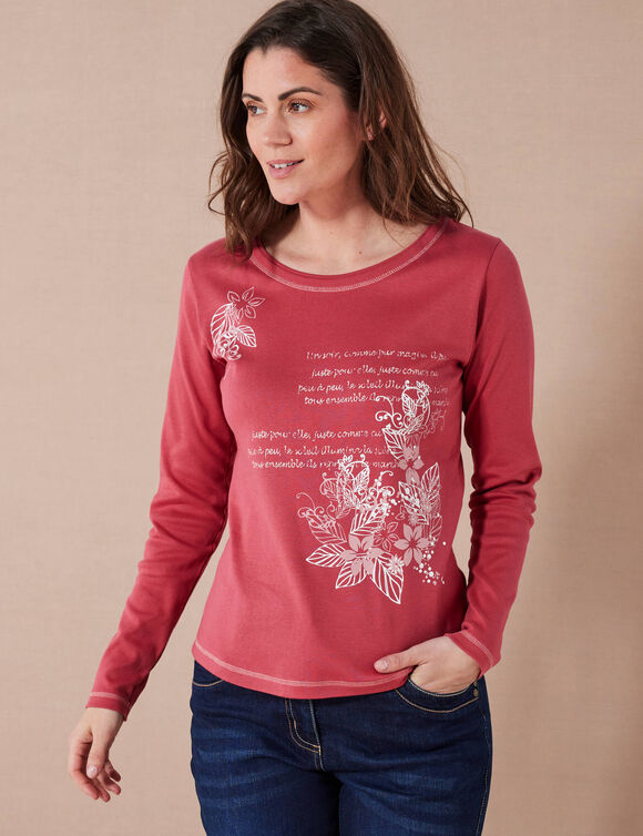 T shirt manches longues imprim&eacute; fleuri (cerise)