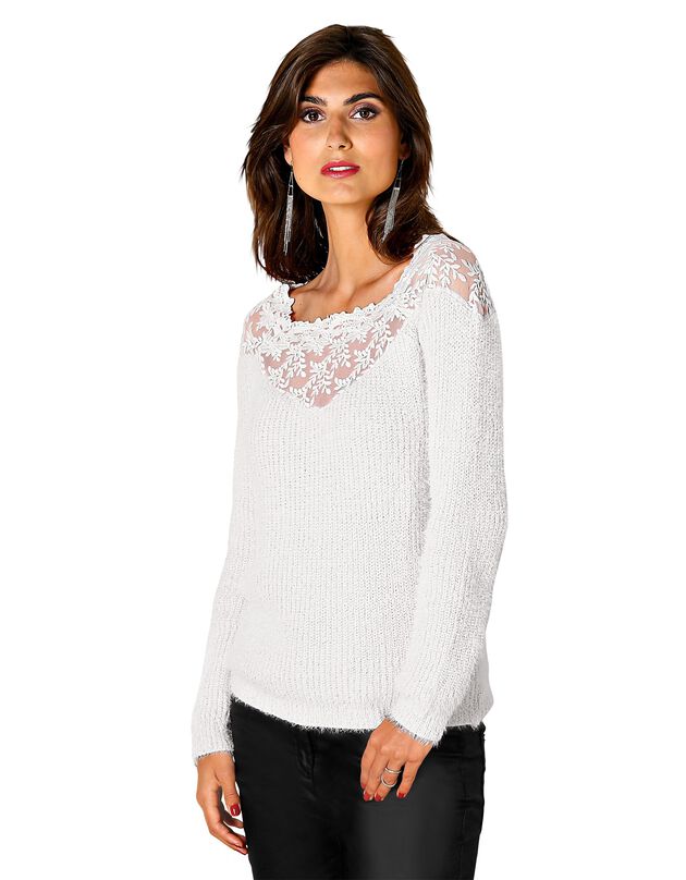 Pull tulle brodé manches longues, ivoire Pull tulle brodé manches longues, ivoire, hi-res