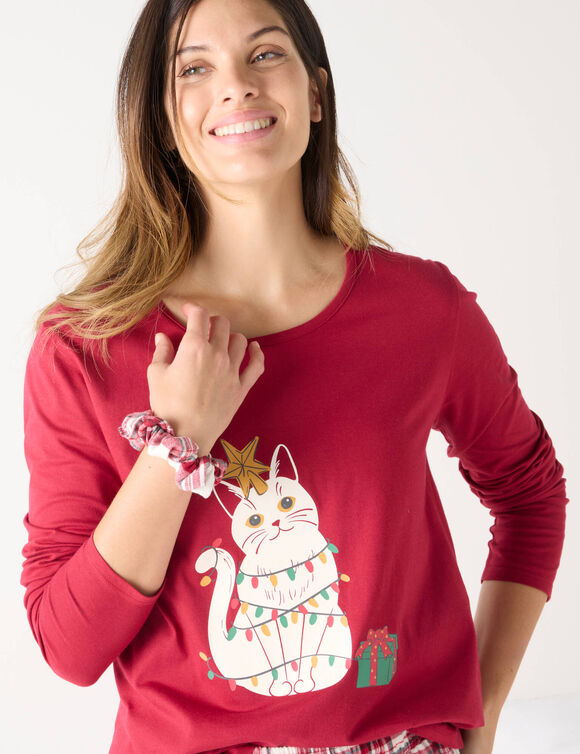 Kerstpyjama met 'kat' motief in katoen-flanel, met scrunchie (rood)