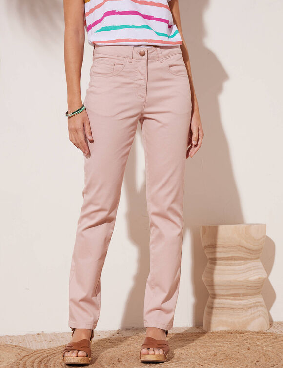 Pantalon effet ventre plat, coton stretch (rose poudré)