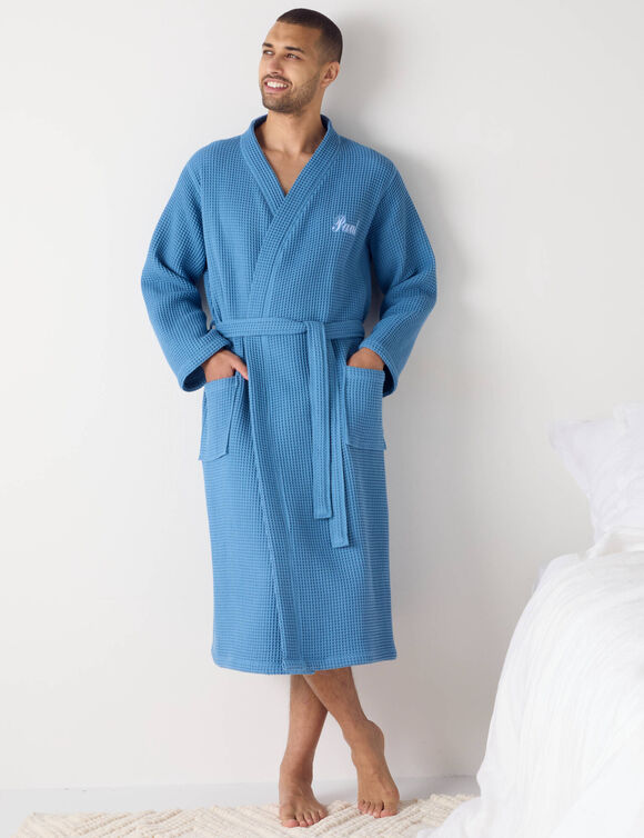 Uniseks badjas voor volwassenen in bijenraattricot 280 g/m2, personaliseerbaar (blauw)