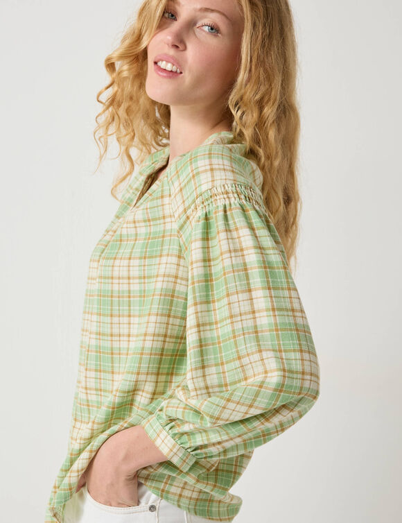 Bloes in flanel met ruitenprint, 7/8-mouwen (groen / ecru)