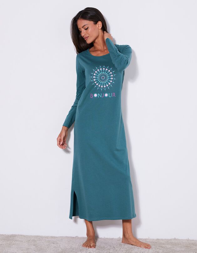 Chemise de nuit longue manches longues imprimée « bonjour » (vert sapin)